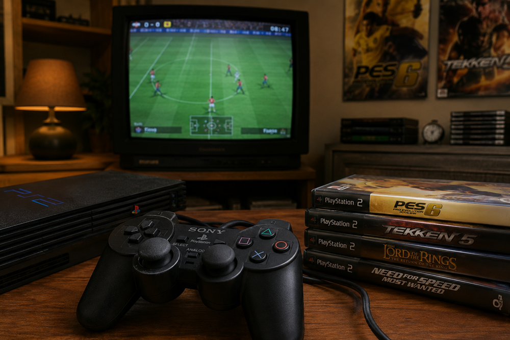 دسته بازی پلی استیشن SONY PS2 روی میز گیمینگ کلاسیک کنار کنسول PlayStation 2 و بازی PES برای